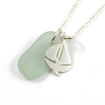 Seafoam Sea Glass and Sterling Silver Boat Charm Necklace