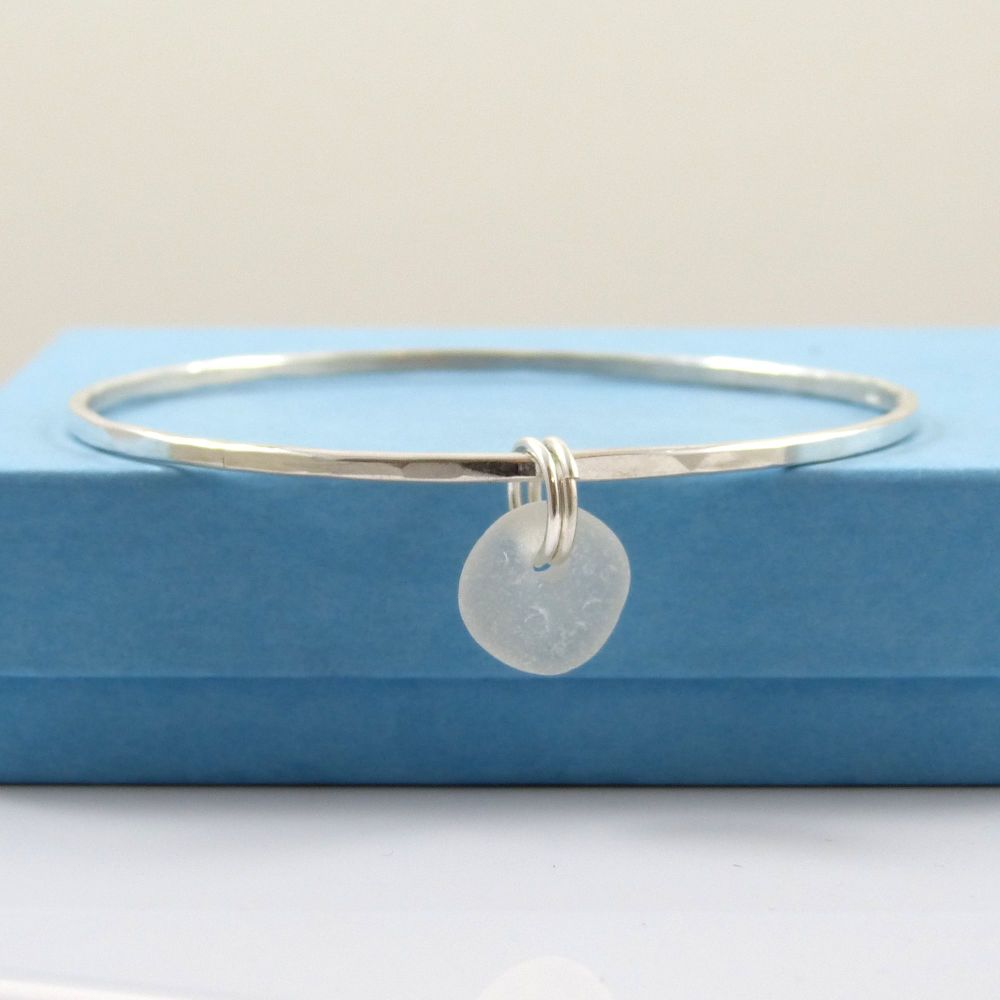 Sterling Silver Hammered Bangle and White Sea Glass Charm b225 