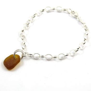 Amber sea glass and sterling silver chain bracelet 4mm links 