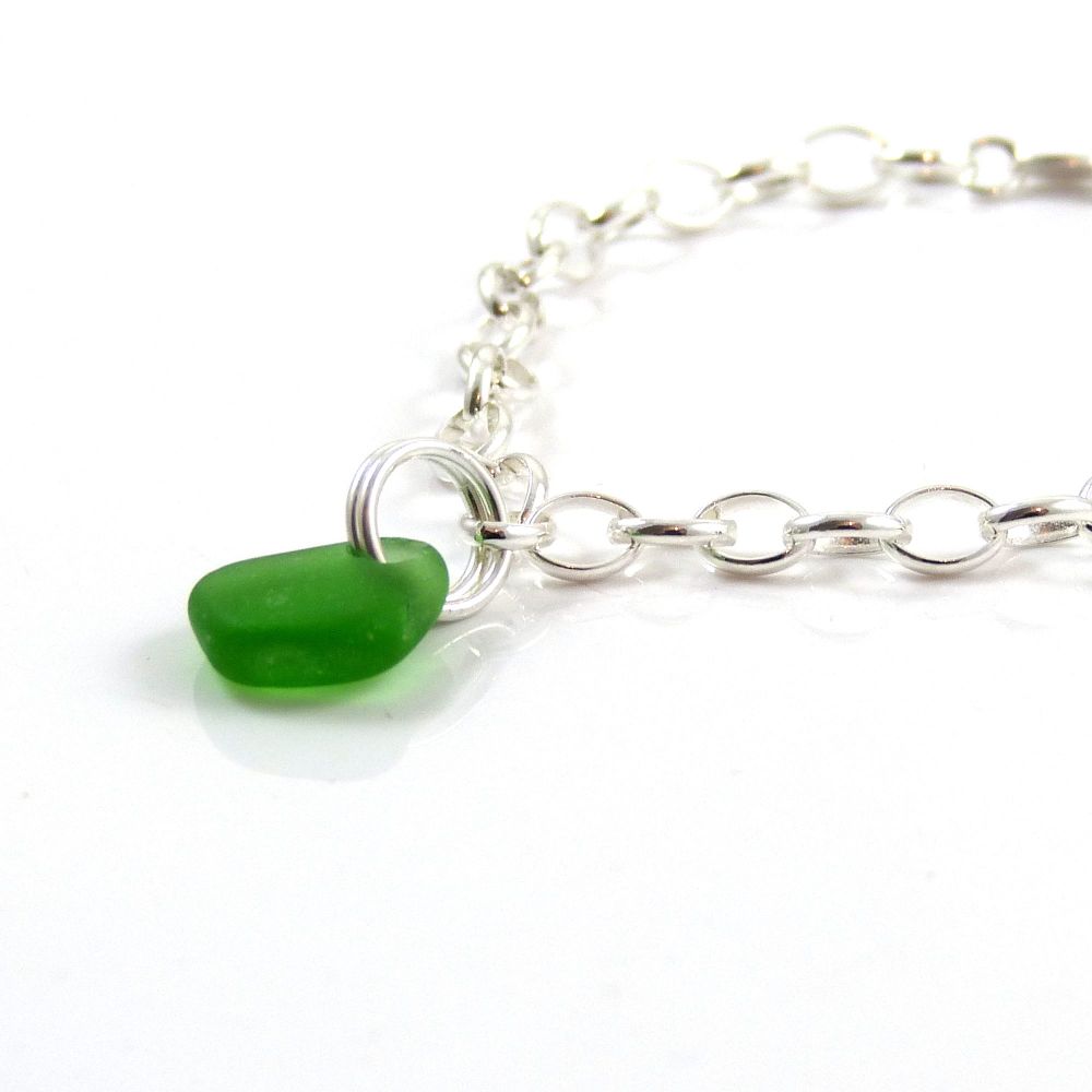 Emerald green sea glass and sterling silver chain bracelet 4mm links 