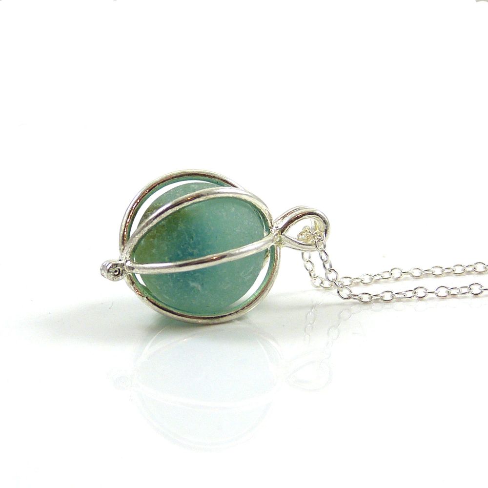 Deep Aquamarine Sea Glass Marble Locket Necklace