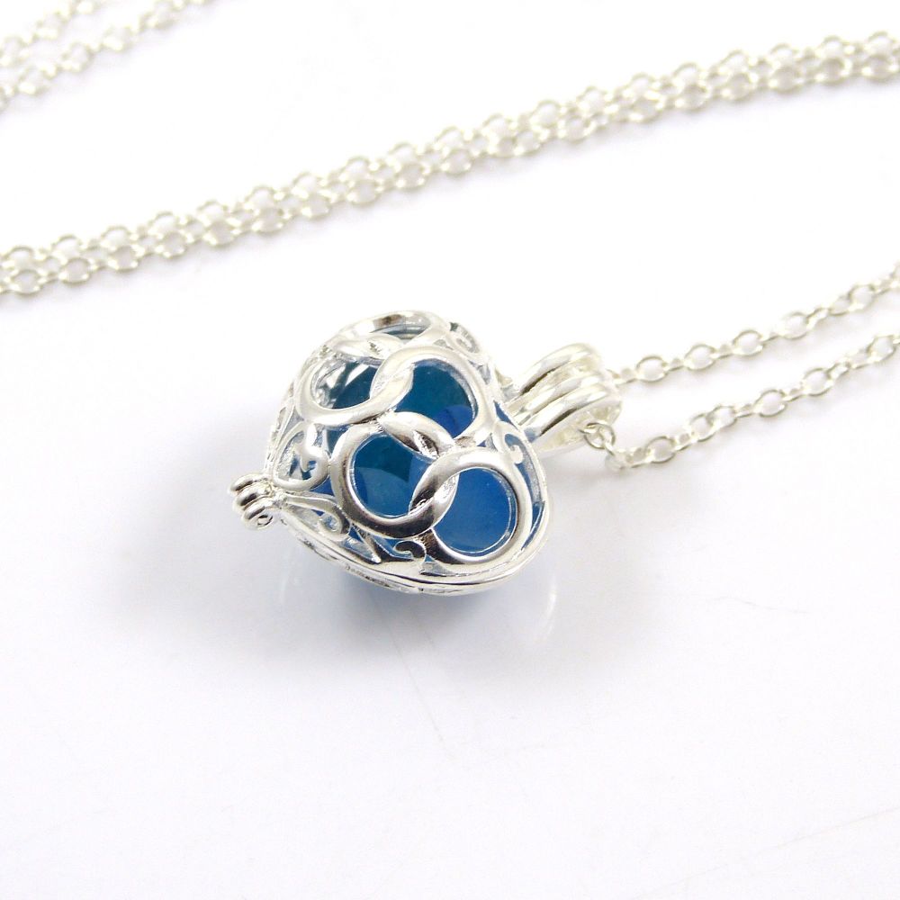 Trio of Blues Sea Glass Heart Locket Necklace L81