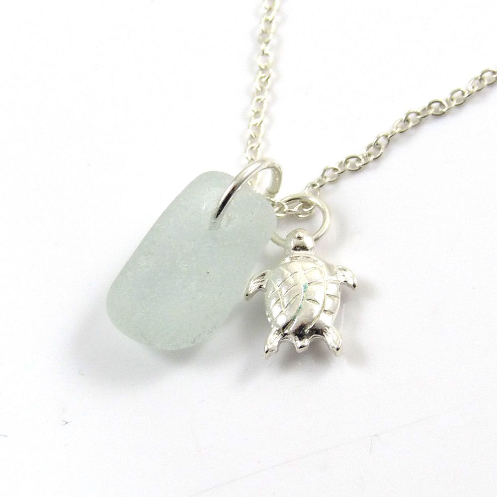 Seafoam Sea Glass and Sterling Silver Turtle Necklace