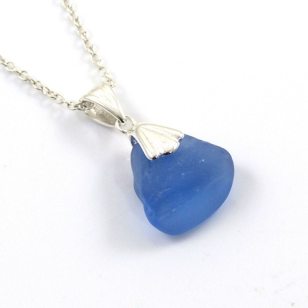 Rare Cornflower Blue English Sea Glass Necklace ELENA