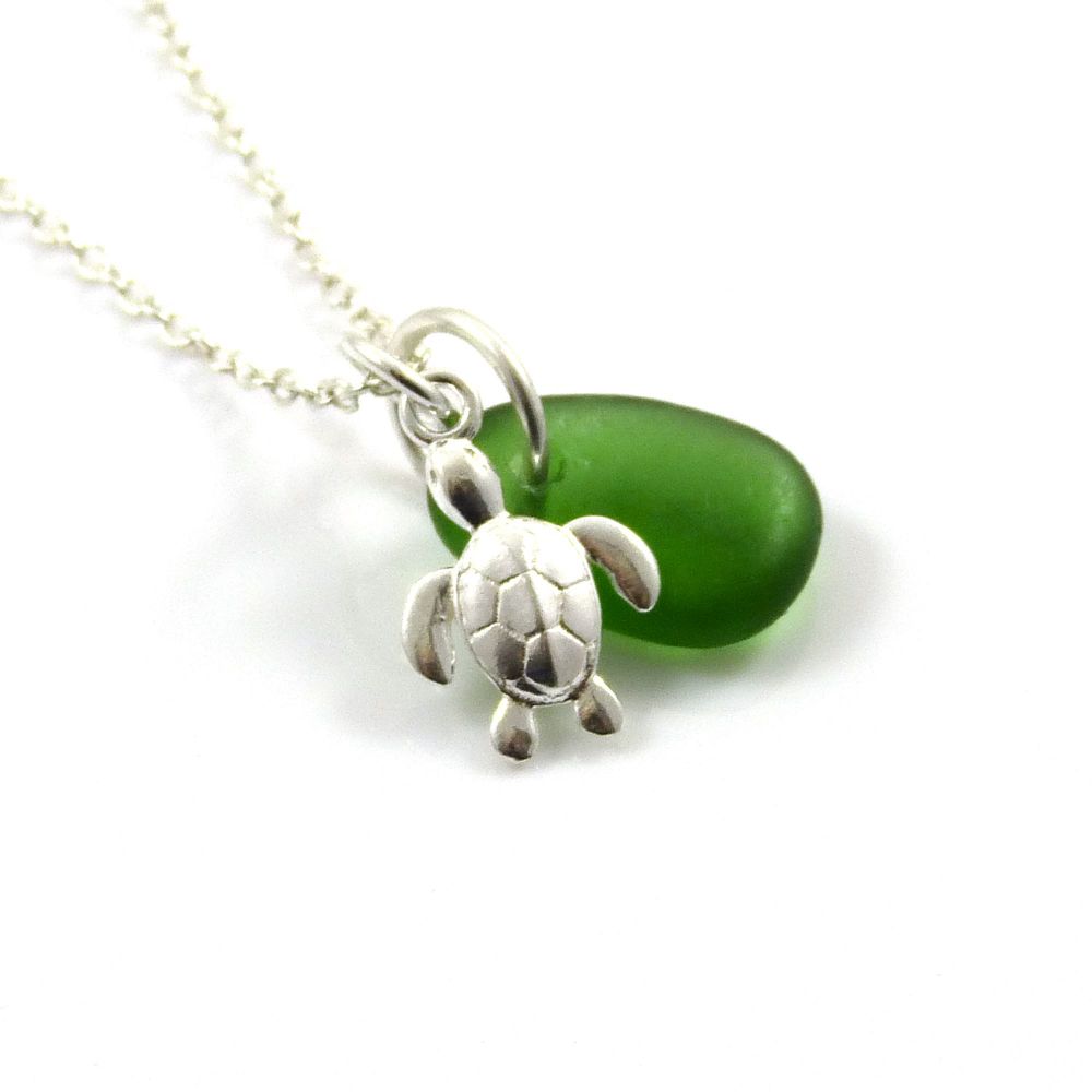 Deep Green Sea Glass and Sterling Silver Turtle Necklace c311