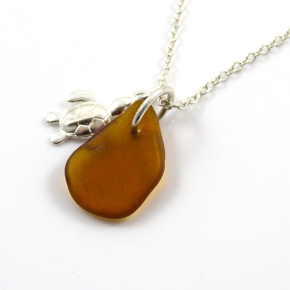 Amber Sea Glass and Sterling Silver Turtle Necklace c310