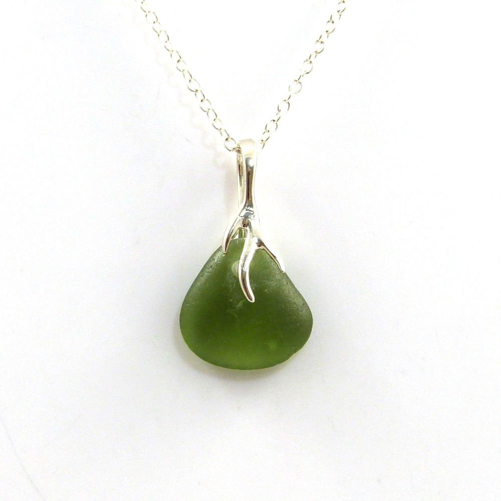 Dark Olive Yellow Sea Glass and Silver Tendril Pendant Necklace - KARLA