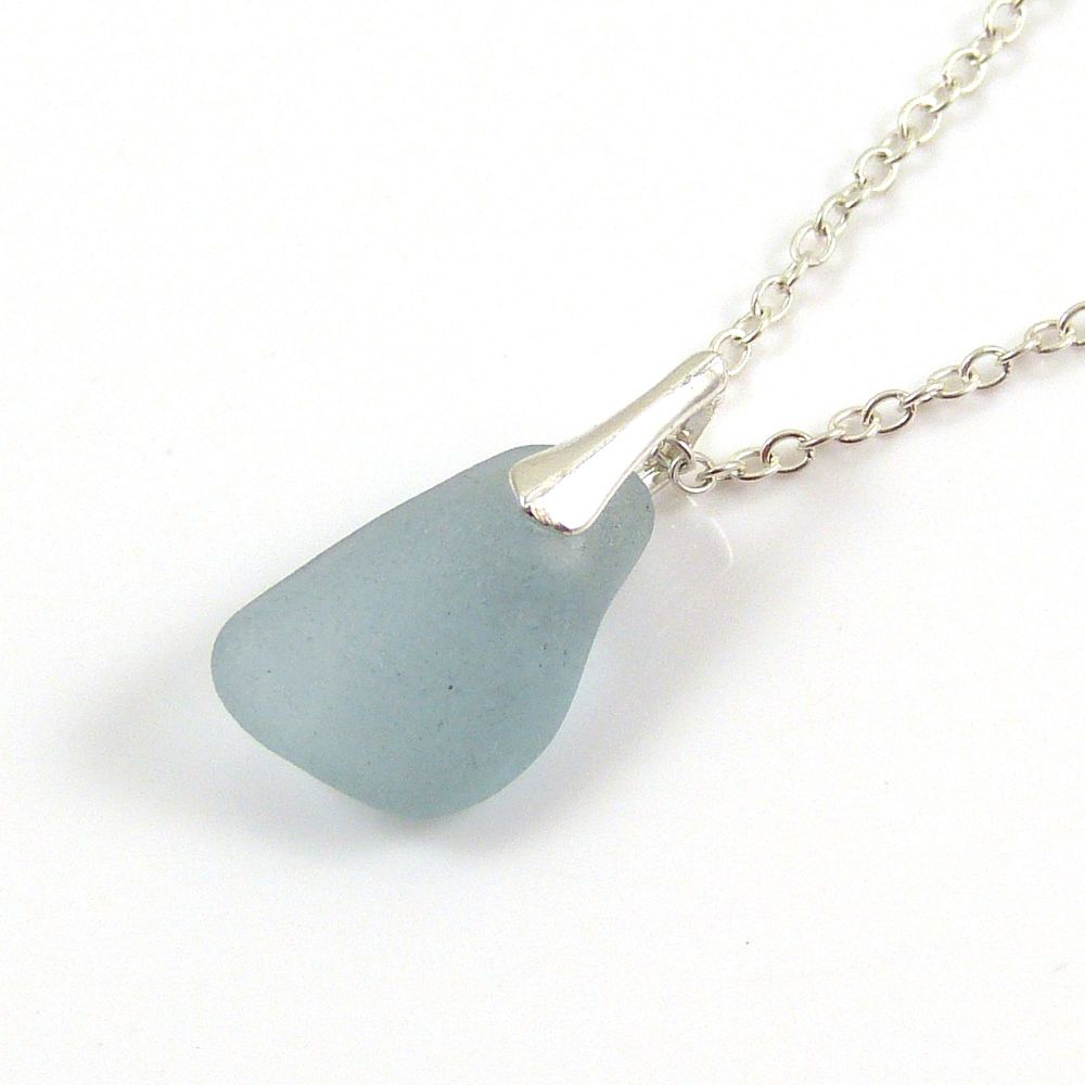 Pale Sky Blue Sea Glass and Silver Necklace LISE