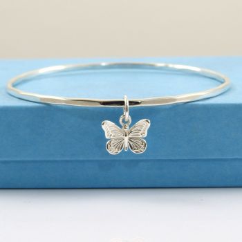Sterling Silver Hammered Bangle with Butterfly Charm