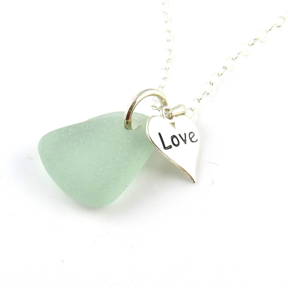 Sea Glass and Sterling Silver Love Heart Necklace 