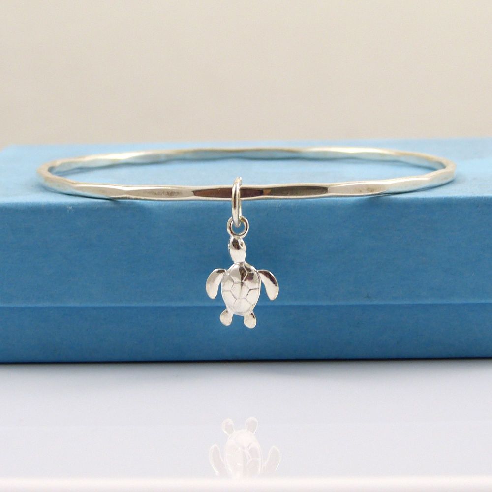 Sterling Silver Hammered Bangle with Turtle Charm