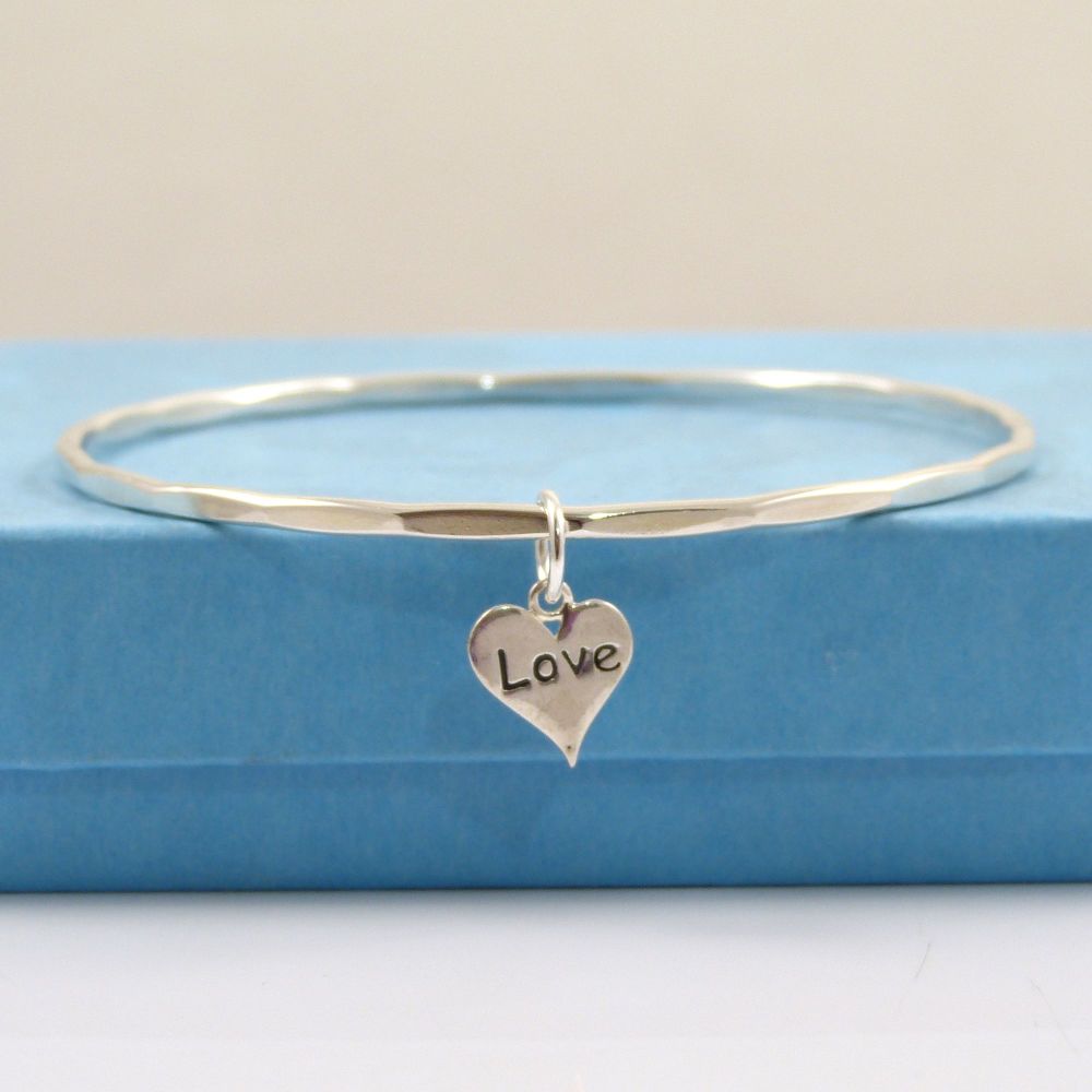 Sterling Silver Hammered Bangle with Love Heart Charm 