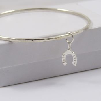Sterling Silver Hammered Bangle with Horseshoe Charm