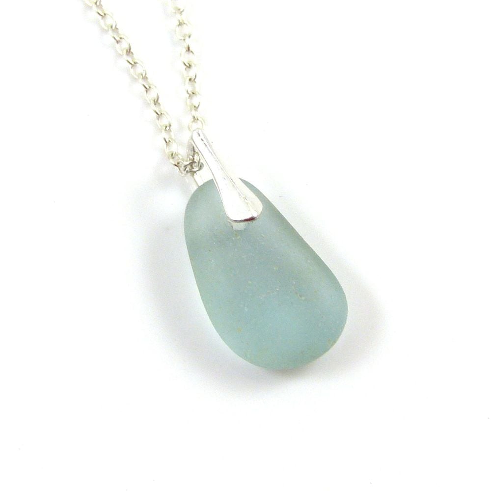 Steel Blue Sea Glass and Silver Necklace LISE