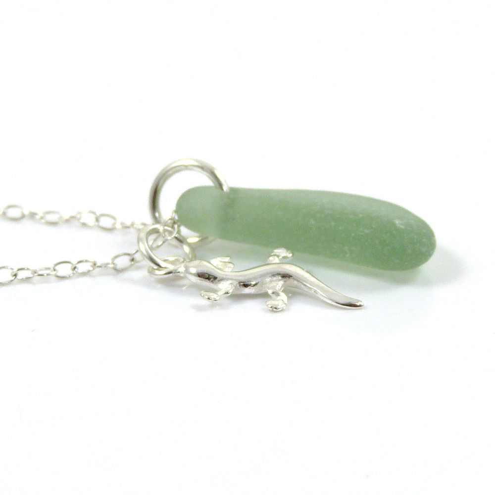 Deep Seafoam Sea Glass and Sterling Silver Gecko Charm Necklace 