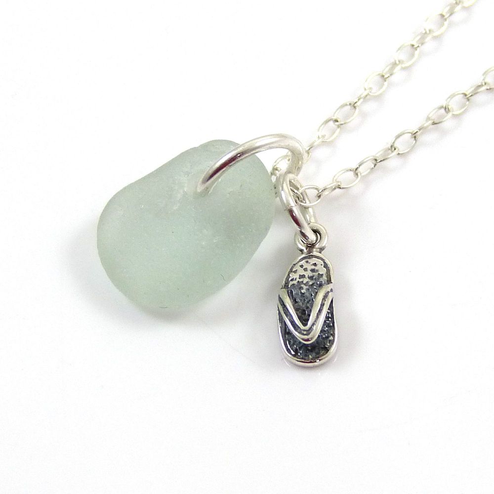 Tiny Seafoam Sea Glass and Sterling Silver Flip Flop Necklace
