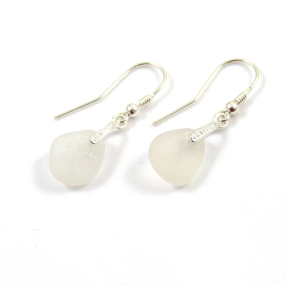 White Sea Glass and Sterling Silver Earrings e115