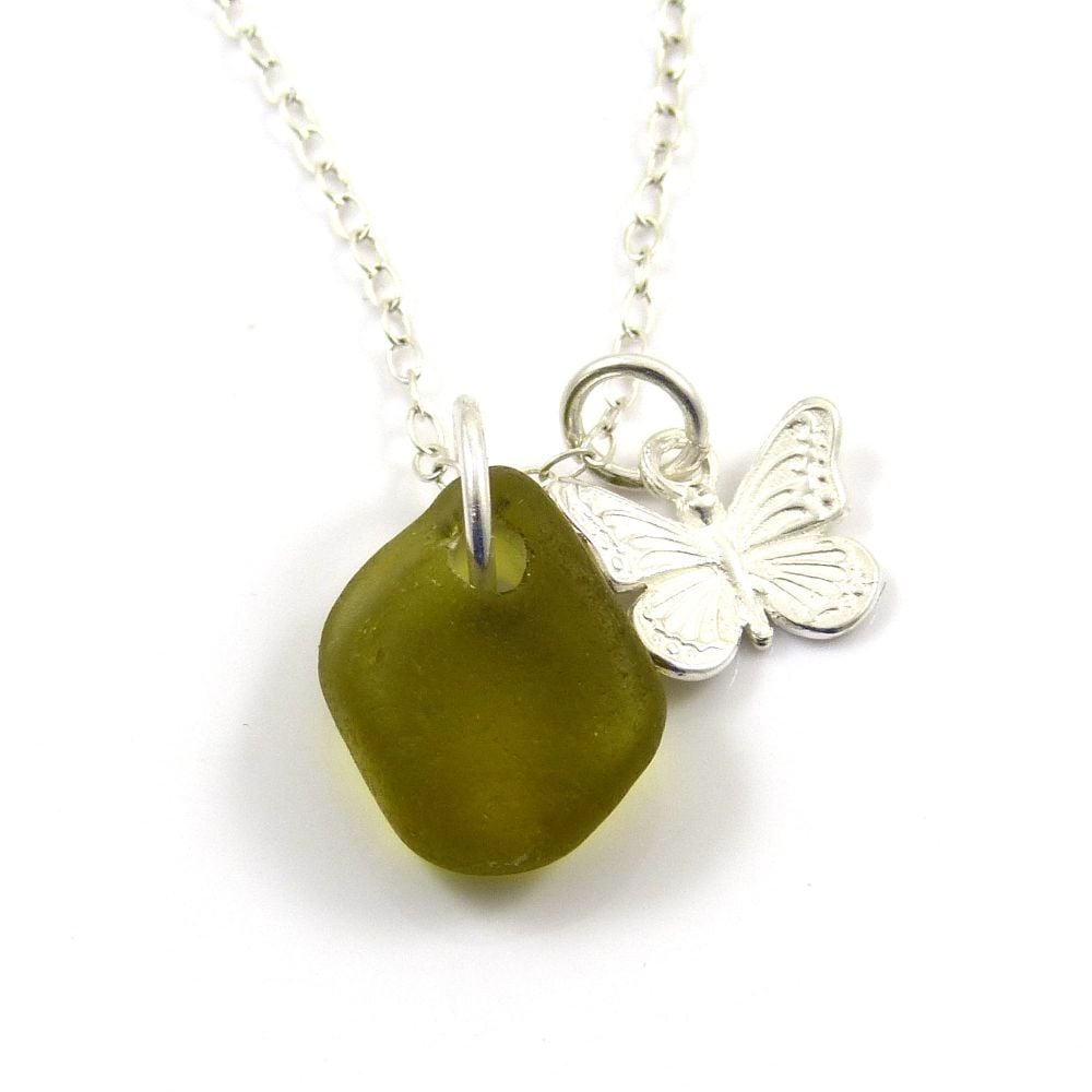 Olive Yellow Sea Glass and Sterling Silver Butterfly Charm Necklace  