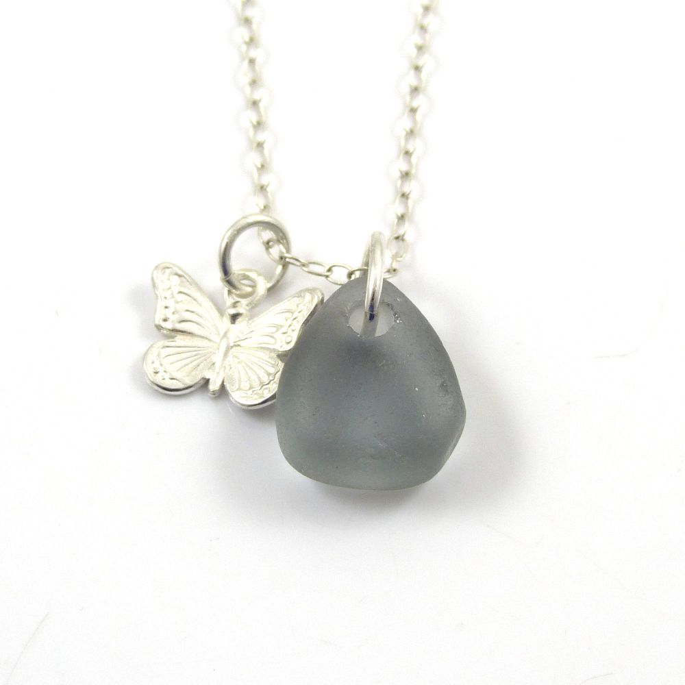 Rare Grey Sea Glass and Sterling Silver Butterfly Charm Necklace  