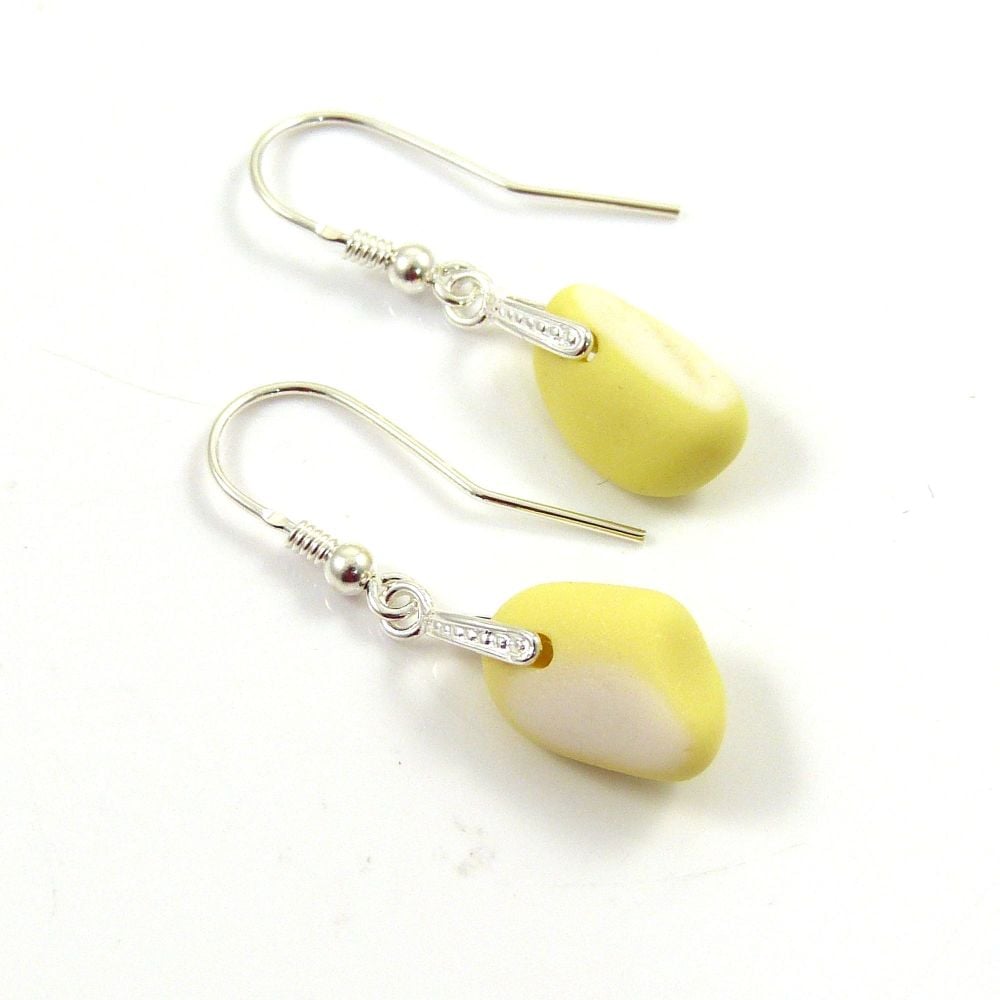 Pastel Yellow and White Milk Sea Glass and Sterling Silver Earrings e119