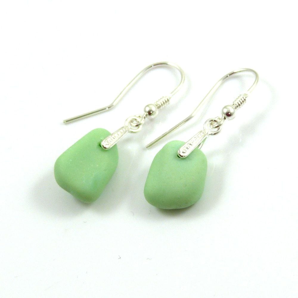 Pastel Green Milk Sea Glass and Sterling Silver Earrings e118
