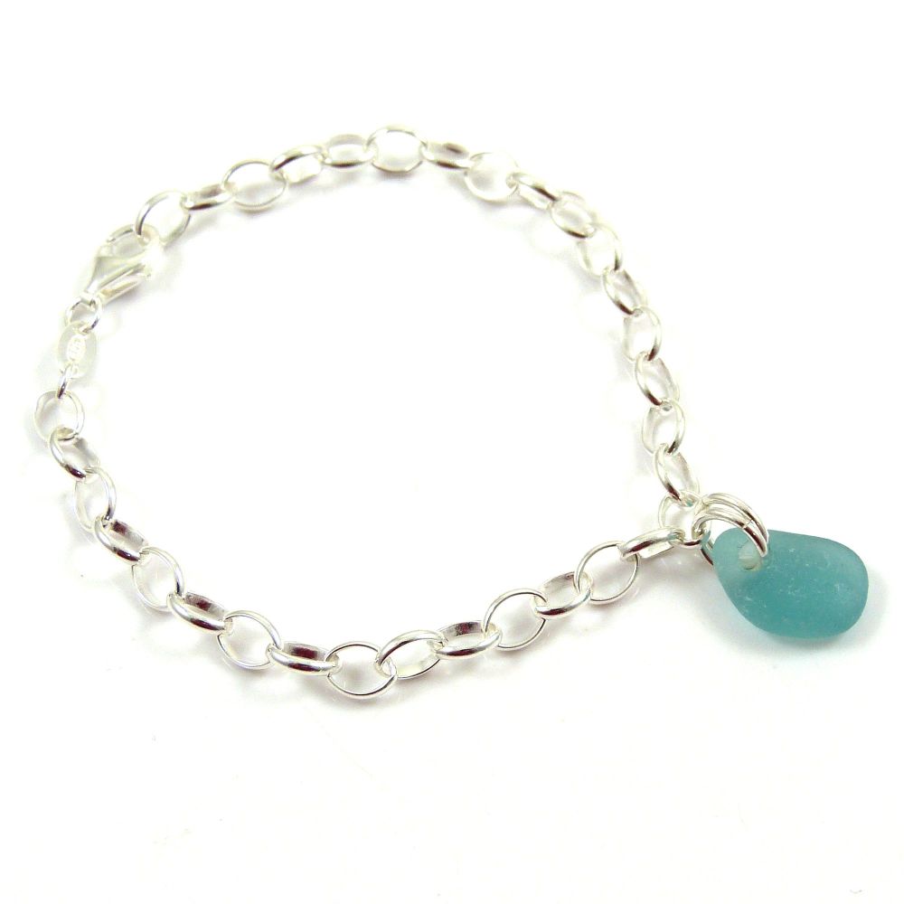 The Strandline Turquoise Sea Glass and Sterling Silver Bracelet 4mm links 