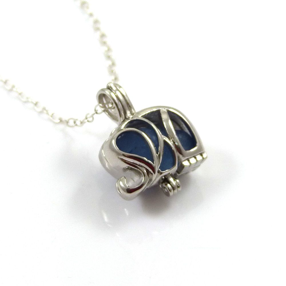 Tiny Sapphire Blue Sea Glass Elephant Locket Necklace L88