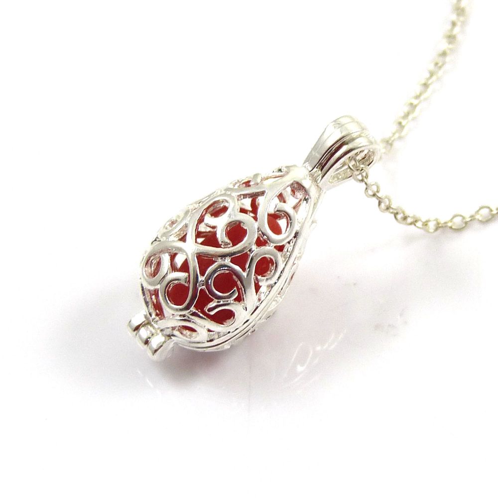 Red Milk Sea Glass from Seaham Beach and  Silver Filigree Locket Necklace