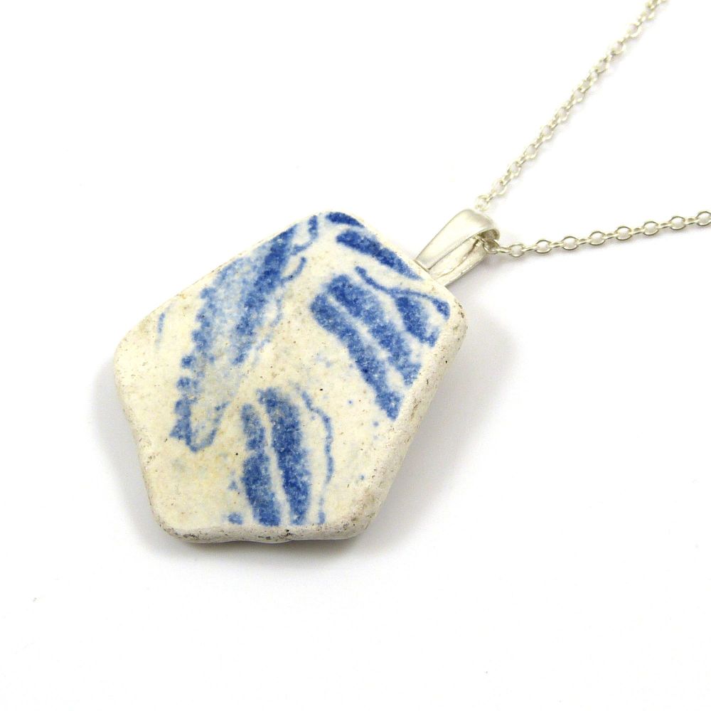 Blue and White English Beach Pottery Pendant Necklace MARIS