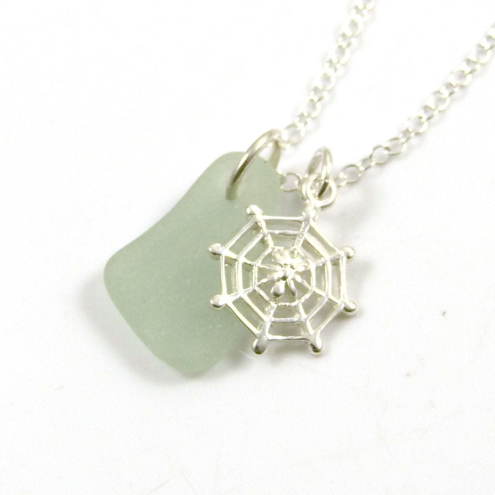 Seafoam Sea Glass and Sterling Silver Spiders Web Necklace
