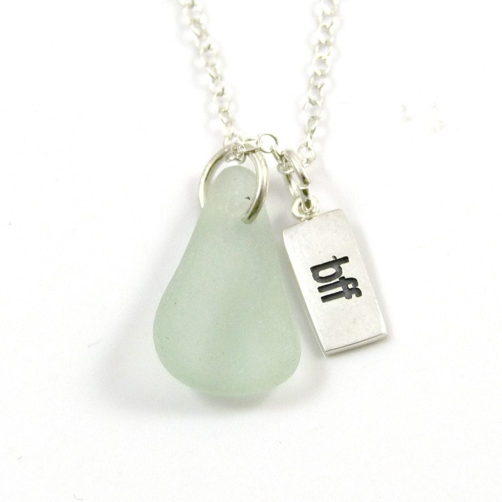 Seafoam Sea Glass and Sterling Silver bff Charm Necklace 