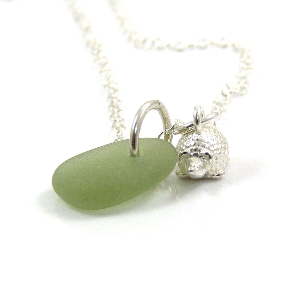 Pale Sea Green Sea Glass and Sterling Silver Hedgehog Necklace