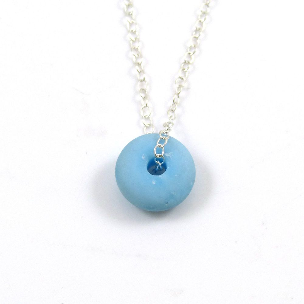 Pastel Blue Milk Glass Bead and Silver Necklace 