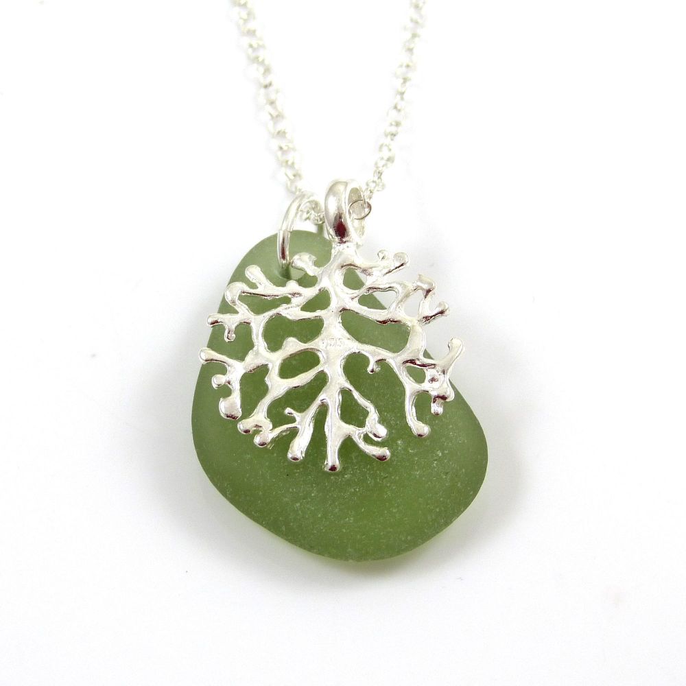 Green Sea Glass and Silver Coral Charm Necklace 