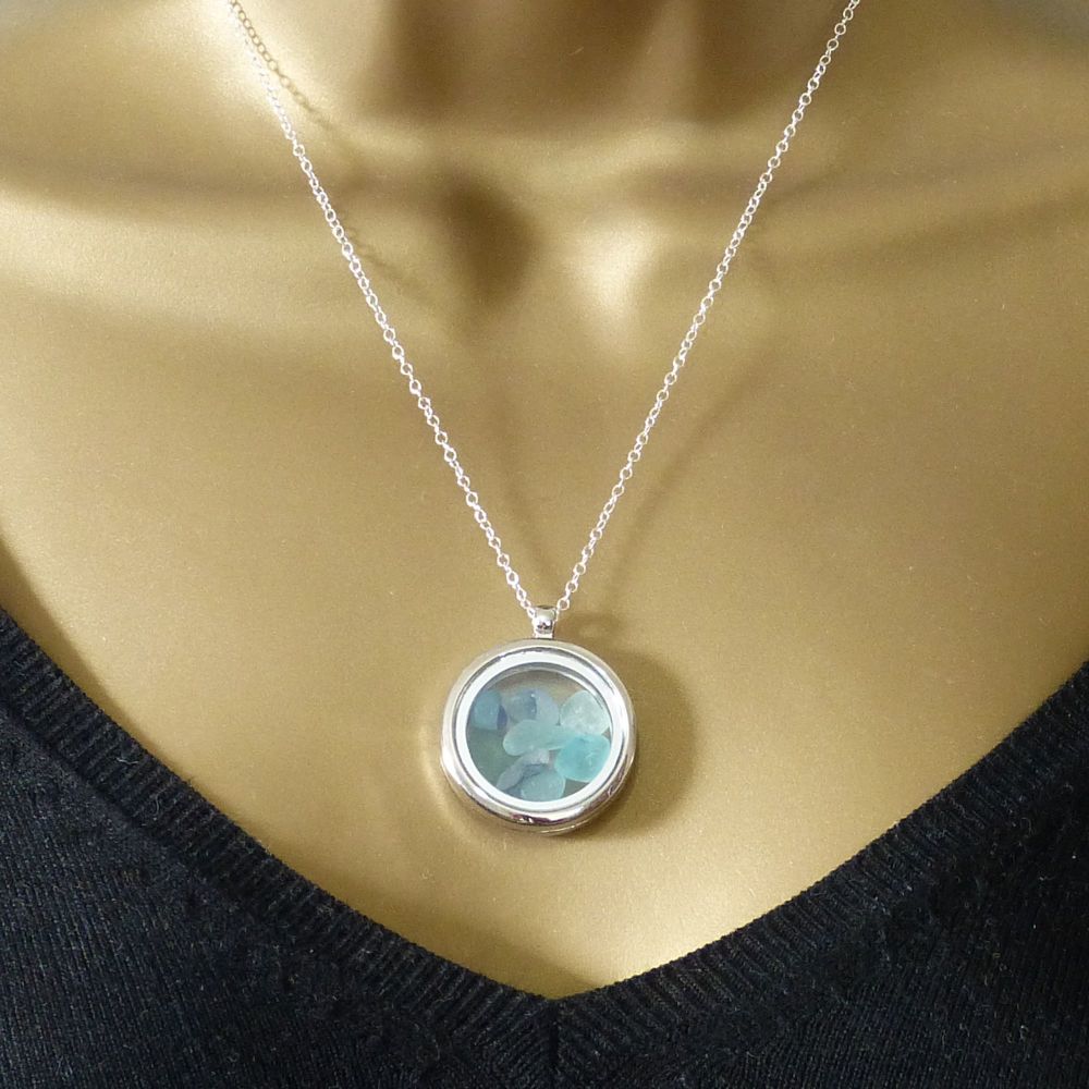Memory Locket with Shades of Blue Sea Glass 