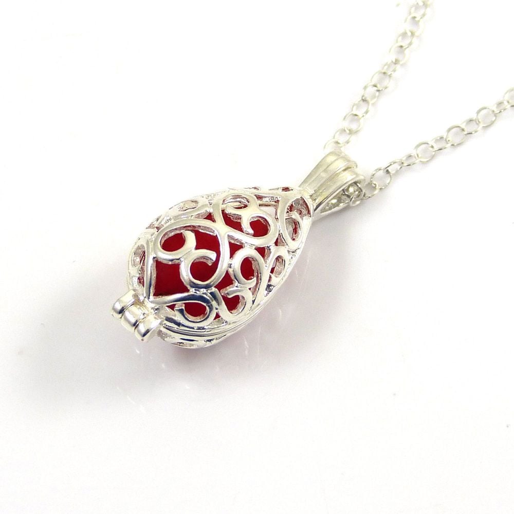 Red Sea Glass Silver Filigree Locket Necklace