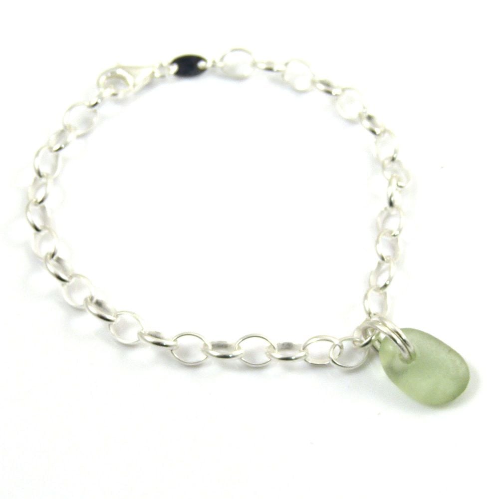 Pale Sage Green Sea Glass and Sterling Silver Chain Bracelet 4mm links  b24