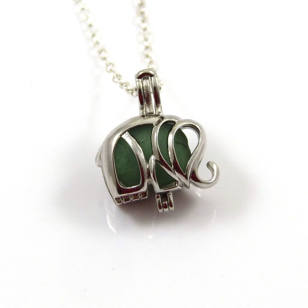 Tiny Sapphire Blue Sea Glass Elephant Locket Necklace L88