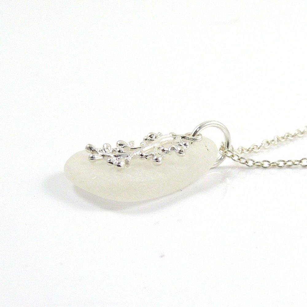 White Sea Glass and Silver Coral Charm Necklace SILVER CORAL