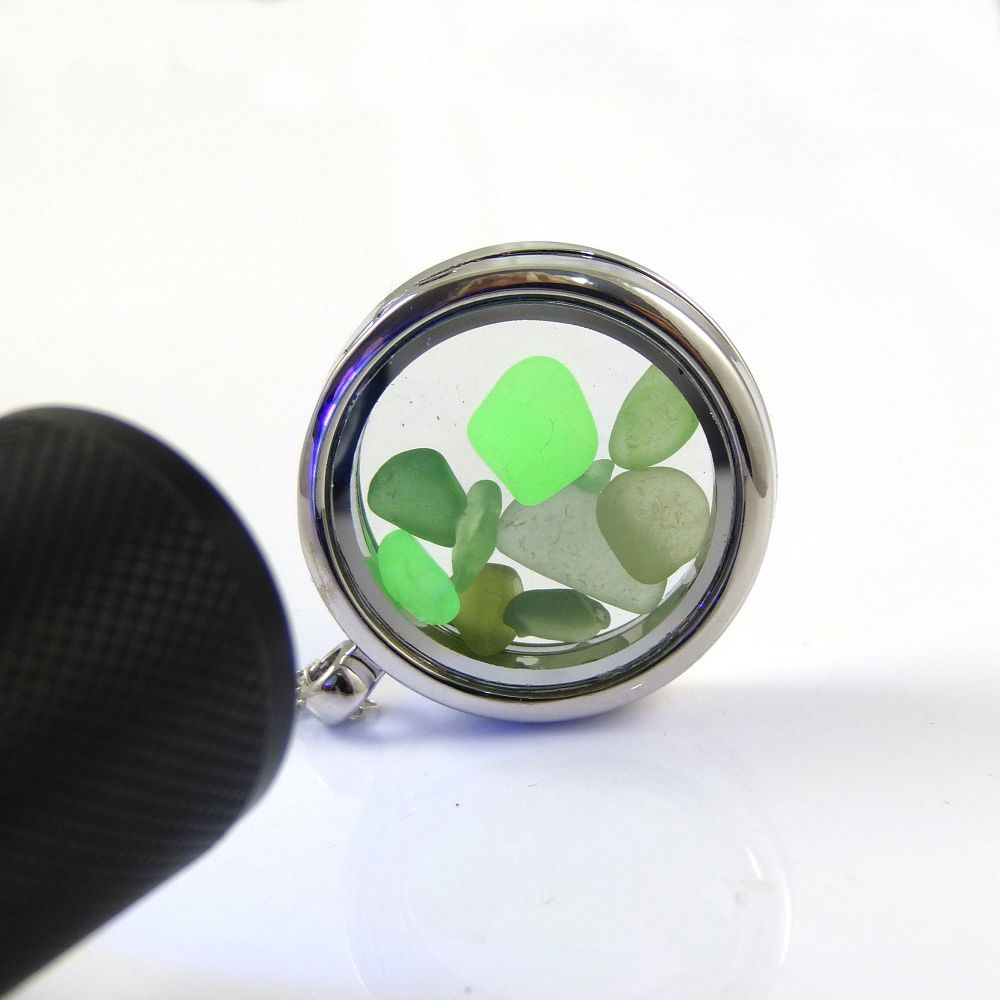 Memory Locket with Shades of Green Sea Glass  L124
