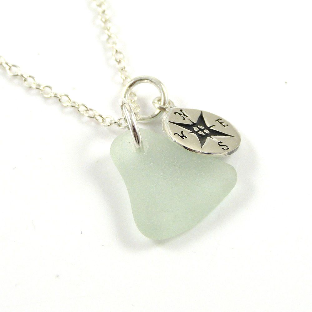 Seafoam Sea Glass and Sterling Silver Compass Charm Necklace  