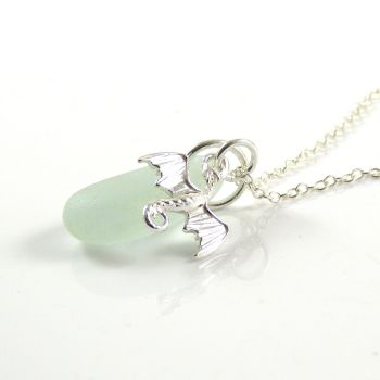 Seafoam Blue Sea Glass and Sterling Silver Dragon Necklace