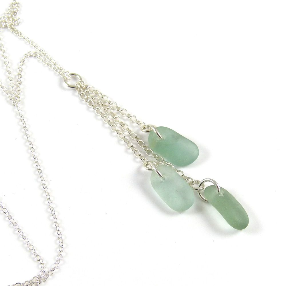 Shades of Deep Seafoam Sea Glass and Sterling Silver Cluster Necklace 
