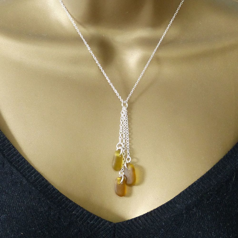 Shades of Amber Sea Glass and Sterling Silver Cluster Necklace 