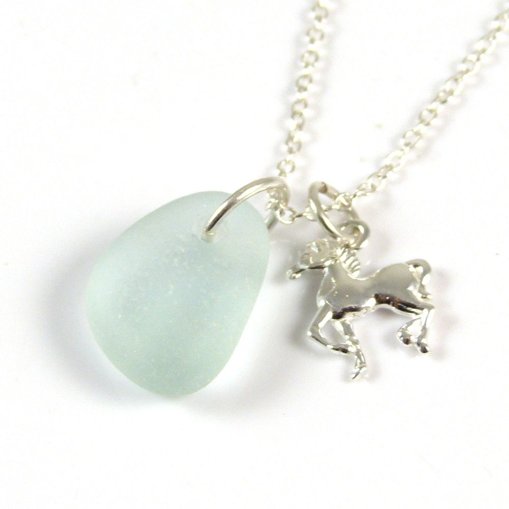 Seafoam Blue Sea Glass Sterling Silver Horse Necklace