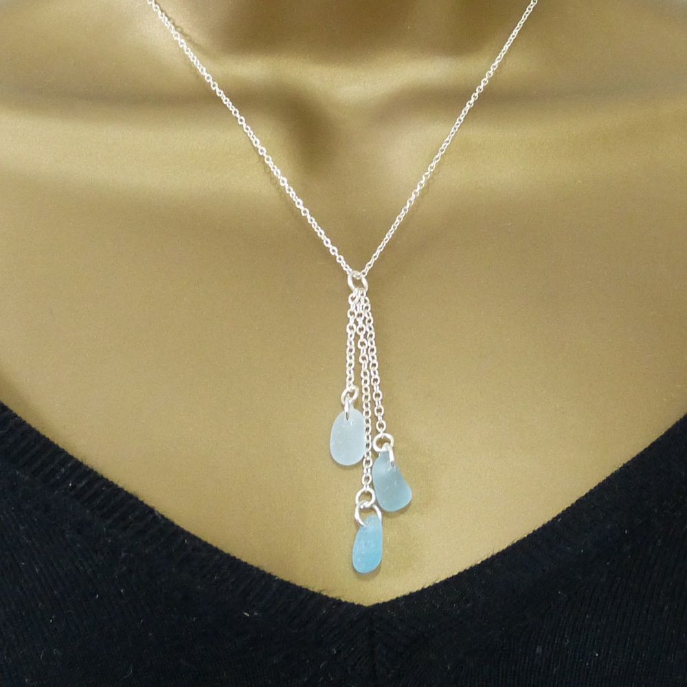 Shades of Pale Blue Sea Glass and Sterling Silver Cluster Necklace HARMONY