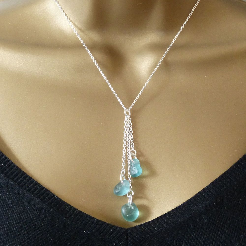 Shades of Turquoise Sea Glass and Sterling Silver Cluster Necklace TEAGAN