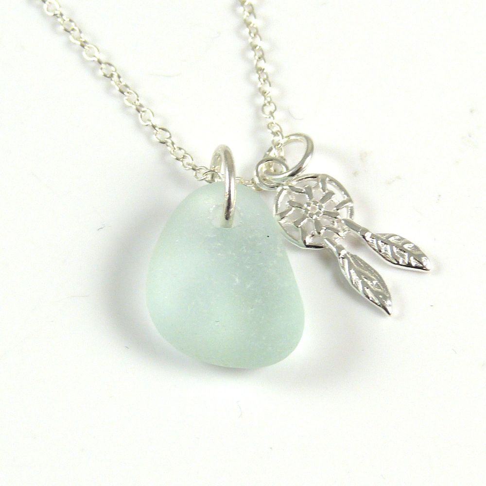 Seafoam  Sea Glass and Sterling Silver Dreamcatcher Charm Necklace