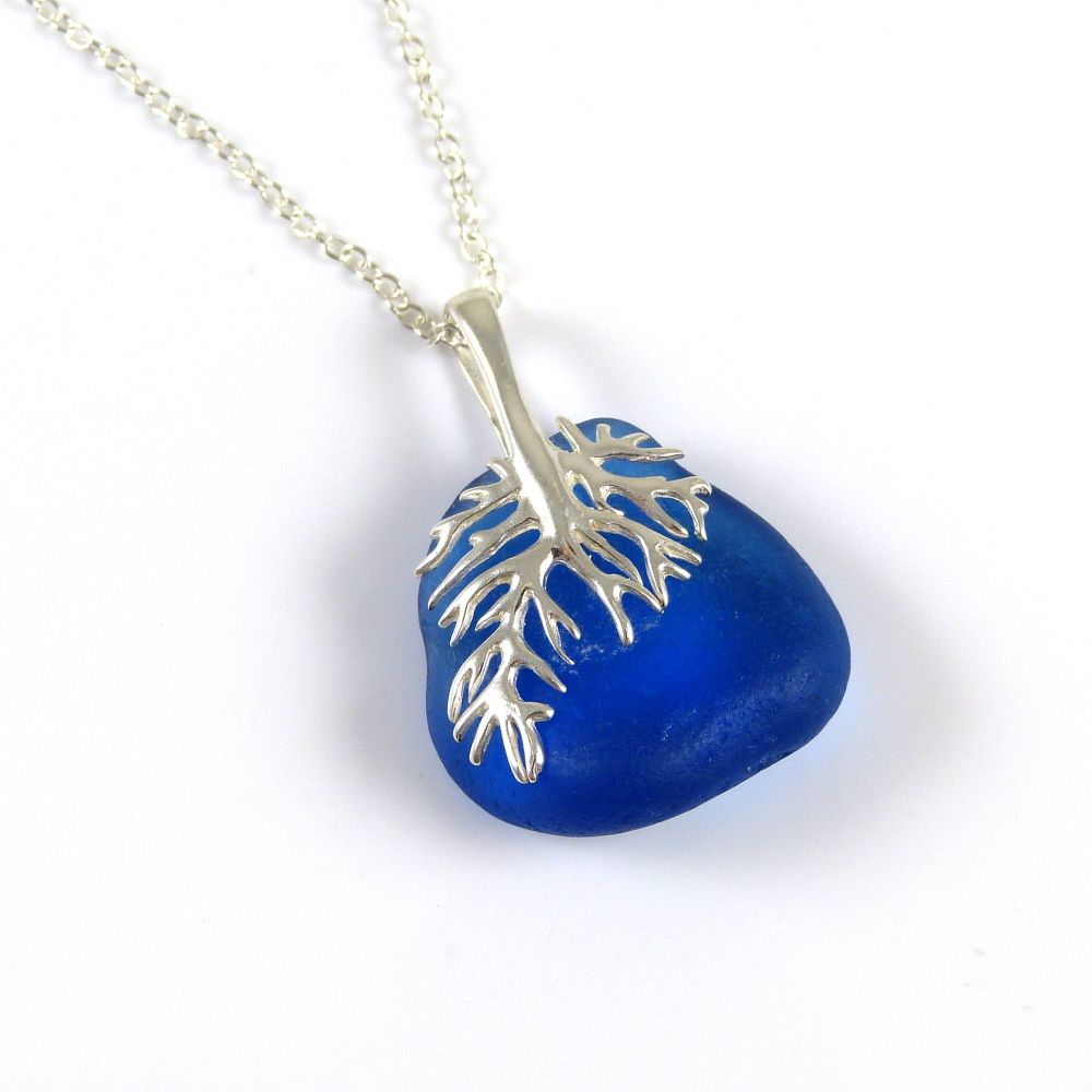 Cobalt Blue Sea Glass and Silver Coral Charm Necklace NATHALIE