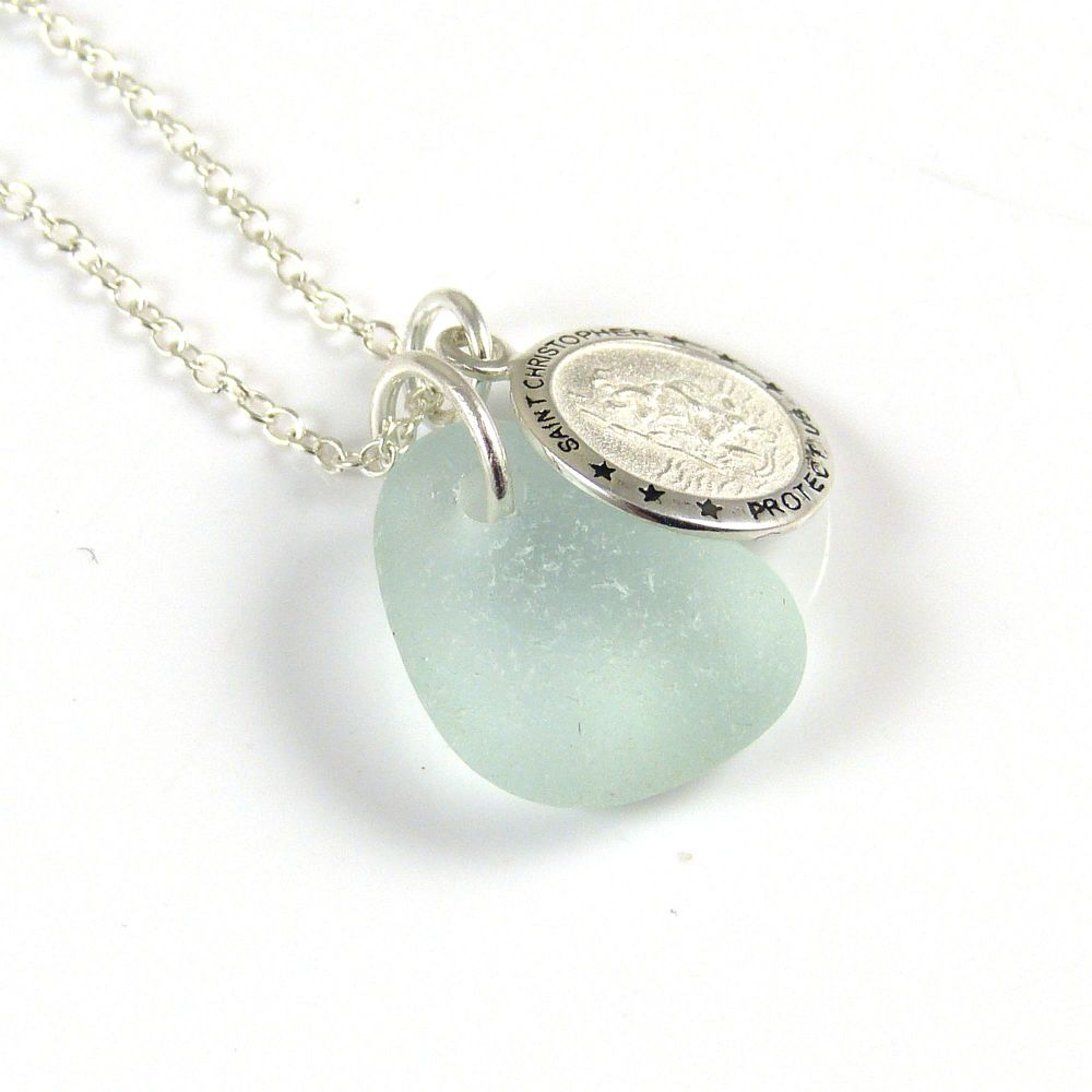 Seafoam Blue Sea Glass Sterling Silver St. Christopher Necklace